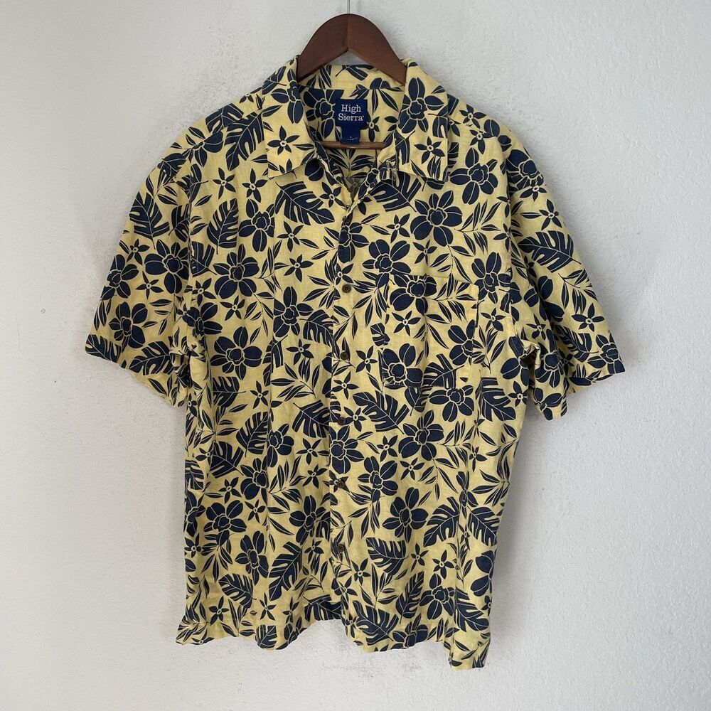 High Sierra Mens Button Up Shirt Large Colorful Yellow Linen Hawaiian Tropical